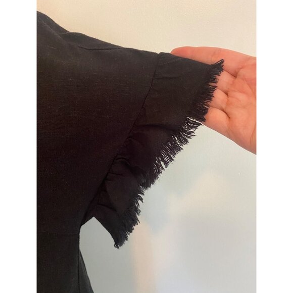 Umgee Black Linen Blend Fringe Hem Short Sleeve Tiered Dress With Pockets Size S - Picture 4 of 7